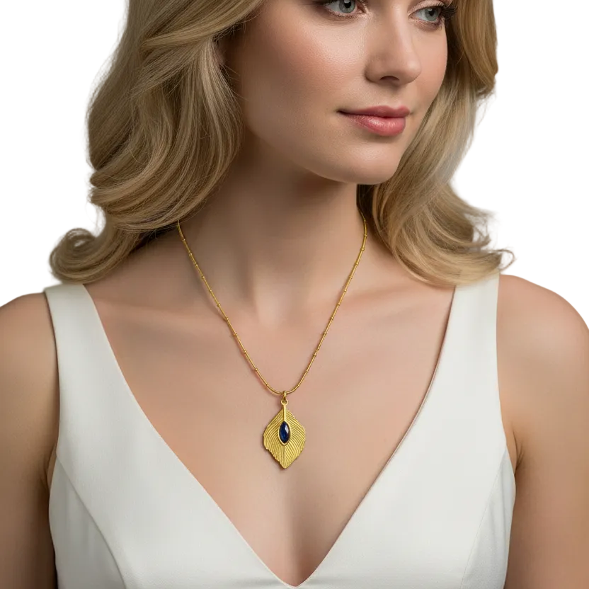 Gold Lapis Lazuli Feather Necklace