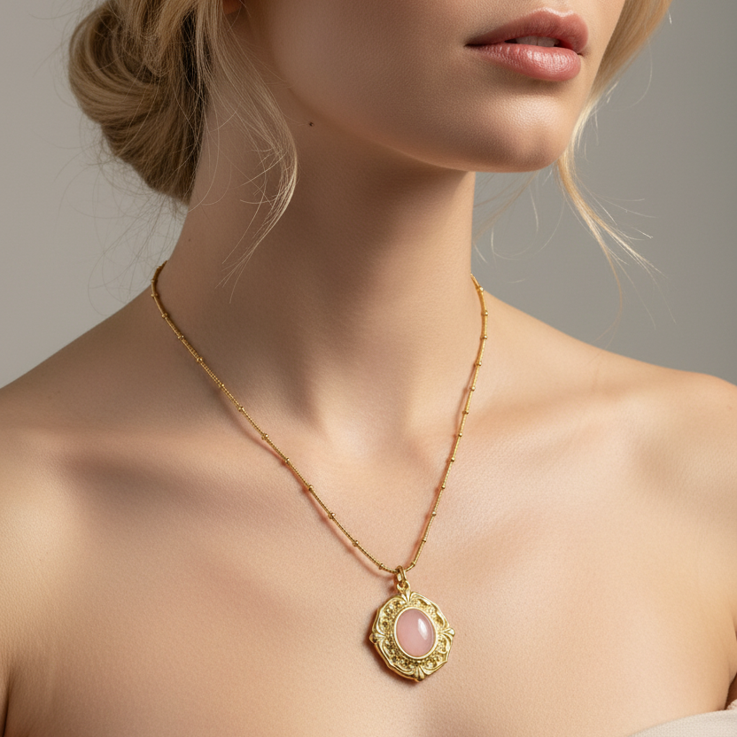 Gold Vintage Pink Chalcedony Medallion Necklace