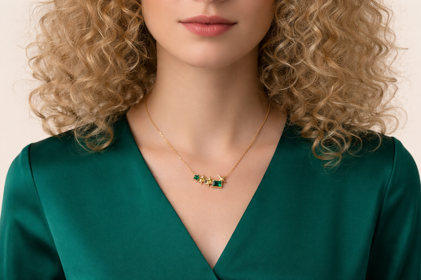 Pentagram Star & Rectangle Green Stone Pendant Necklace