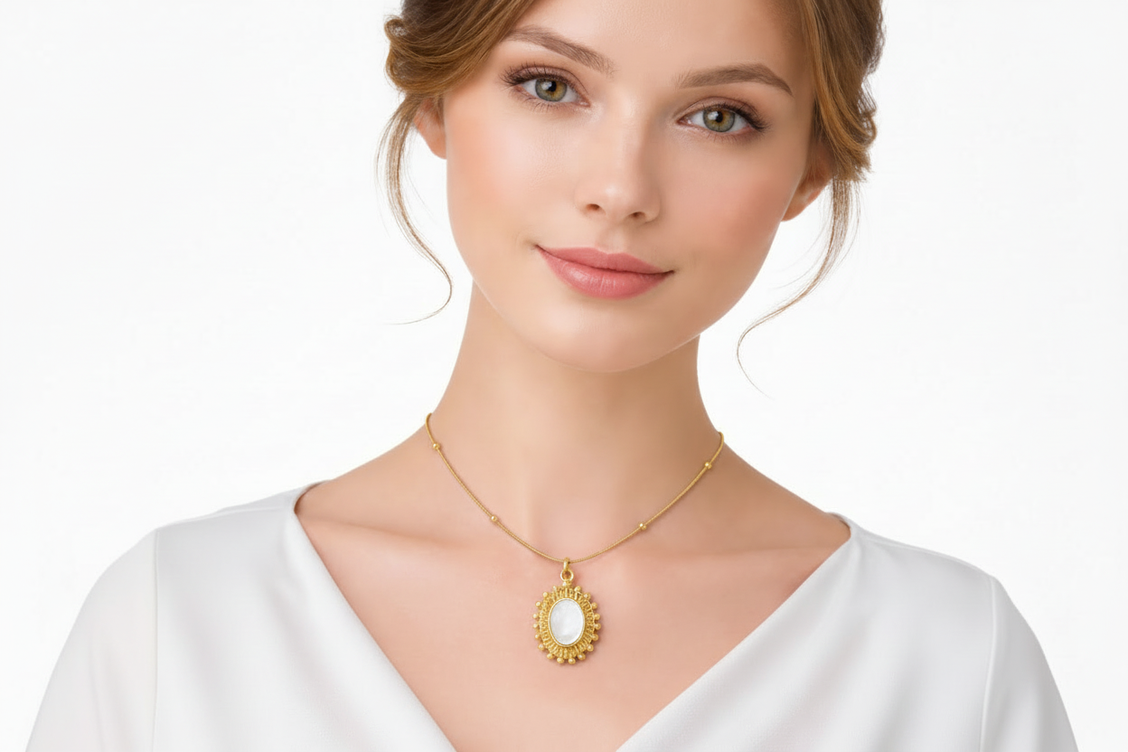 Iridescent Oval Mother of Pearl Gold Necklace