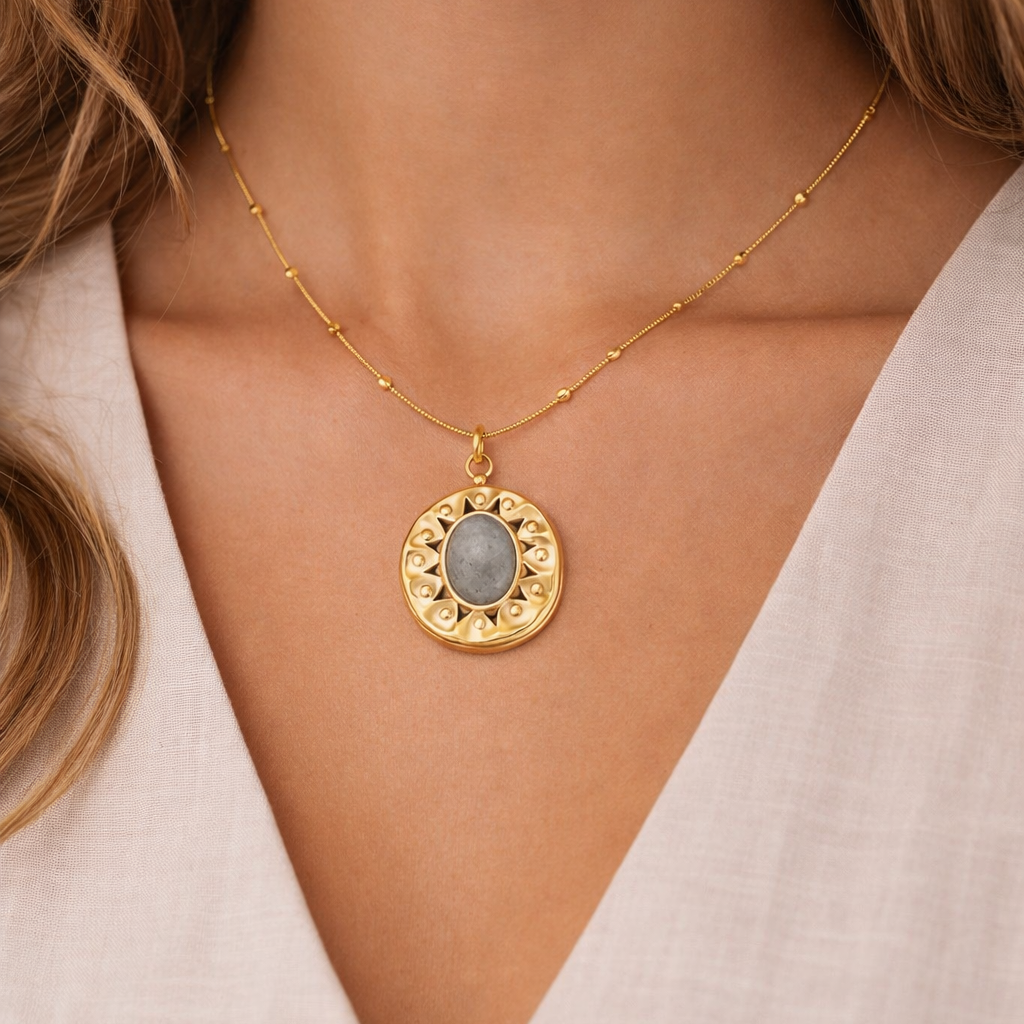 Gold Labradorite Oval Medallion Necklace
