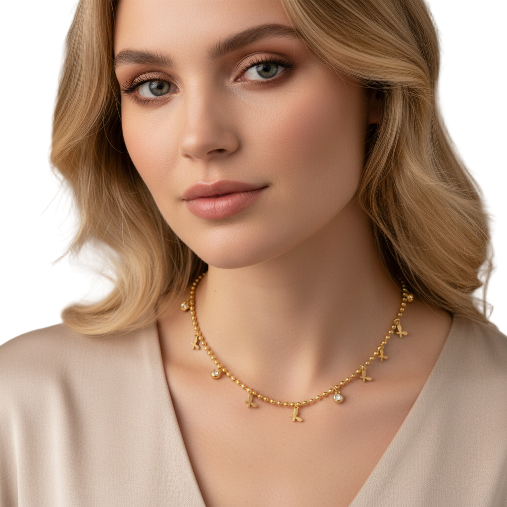 Beaded Butterfly & Zircon Charm Necklace