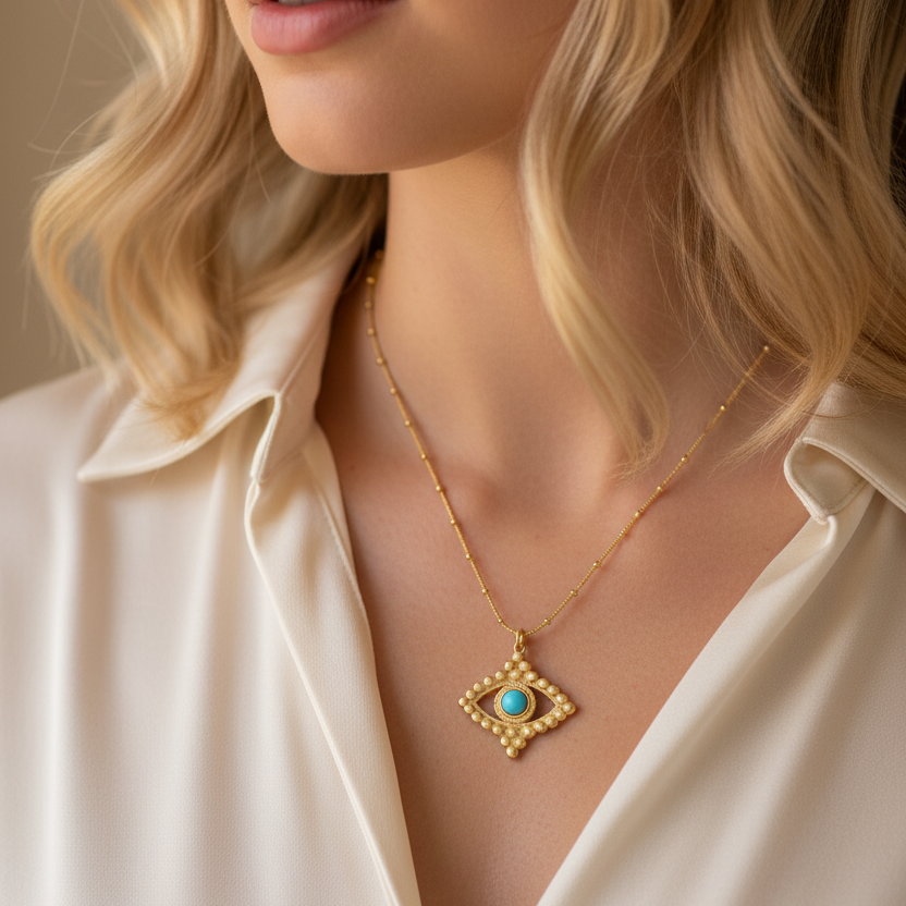 Gold Turquoise Evil Eye Medallion Necklace