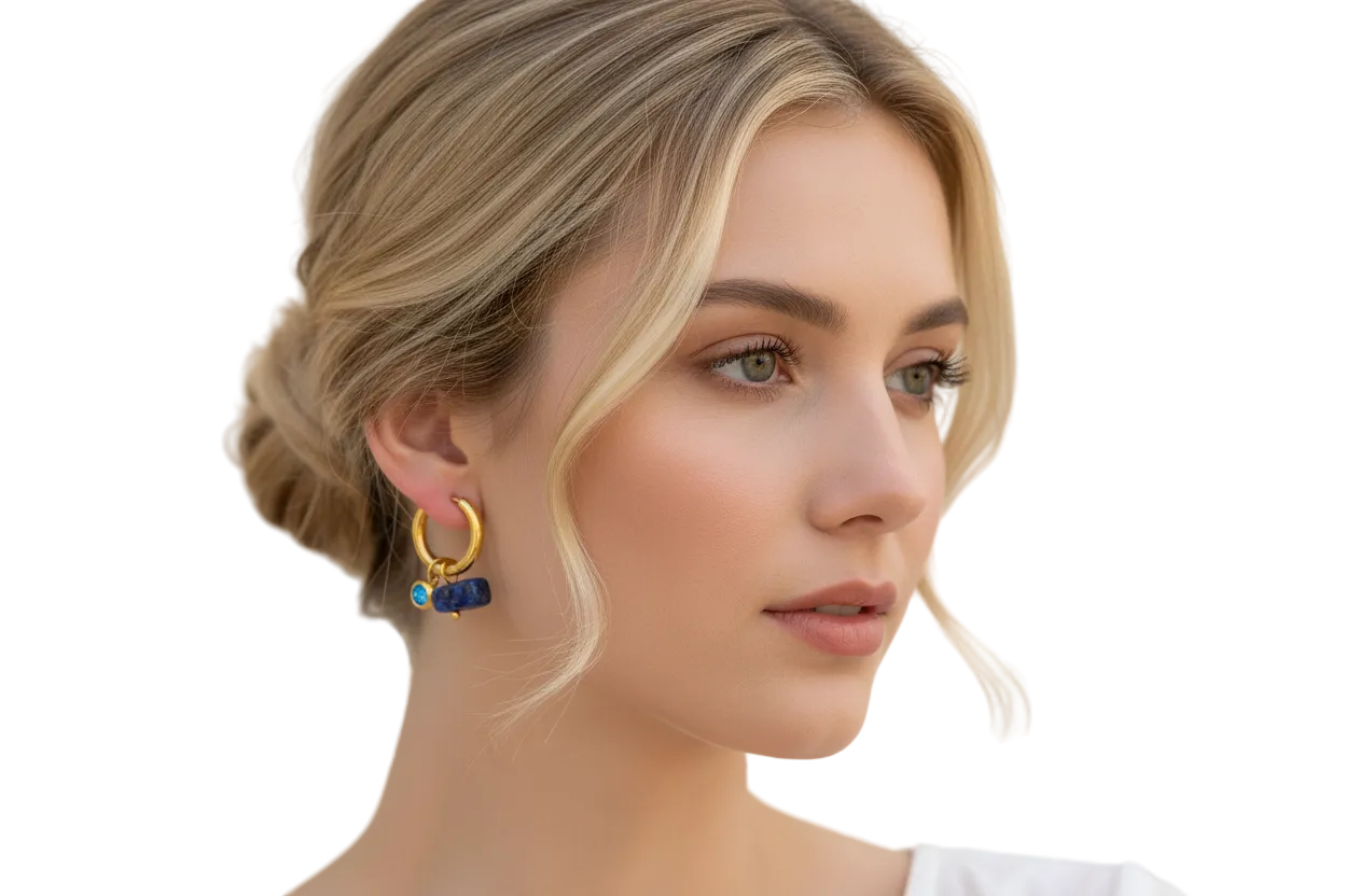 Gold Lapis Lazuli Charm Huggie Earrings