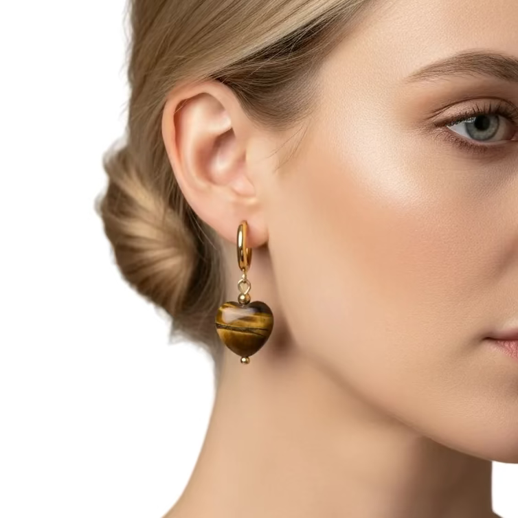 Gold Heart Hoop Earrings Tiger’s Eye