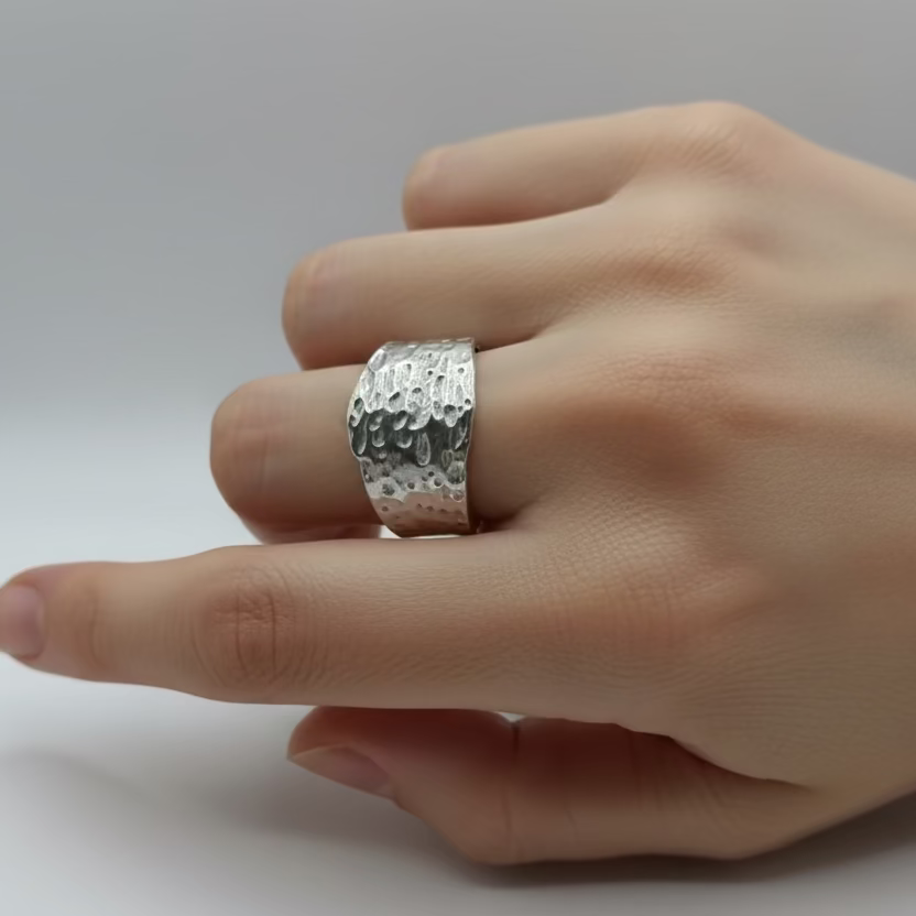 Silver Molten Texture Wide Band Ring