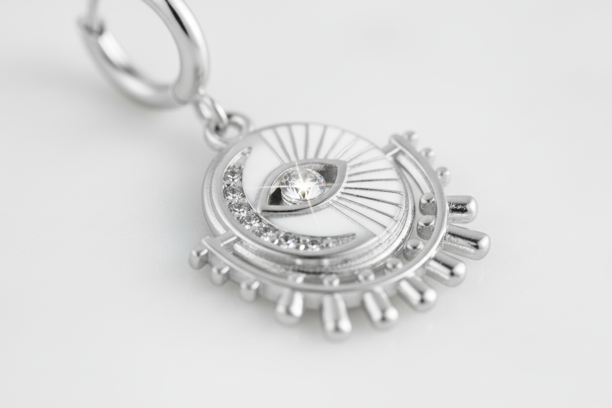 Silver Evil Eye Medallion Hoop Earrings