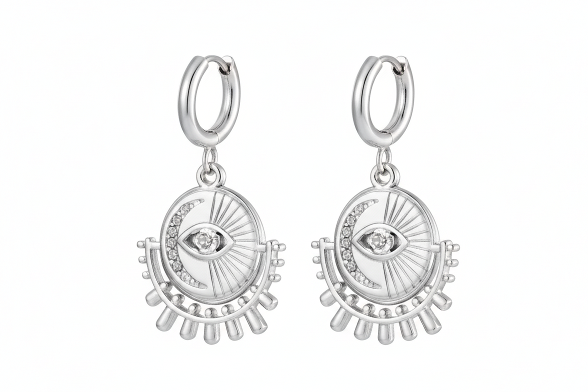 Silver Evil Eye Medallion Hoop Earrings