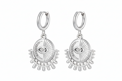 Silver Evil Eye Medallion Hoop Earrings