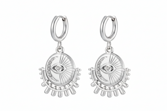 Silver Evil Eye Medallion Hoop Earrings