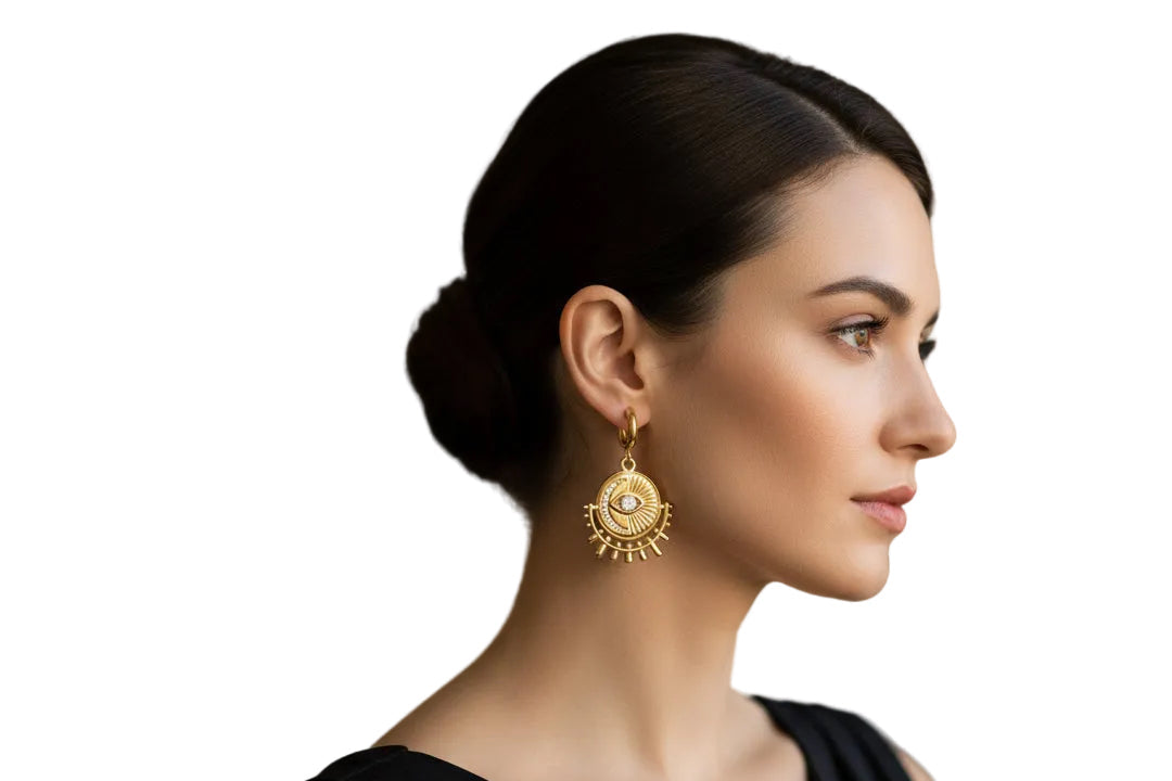 Gold Evil Eye Medallion Hoop Earrings