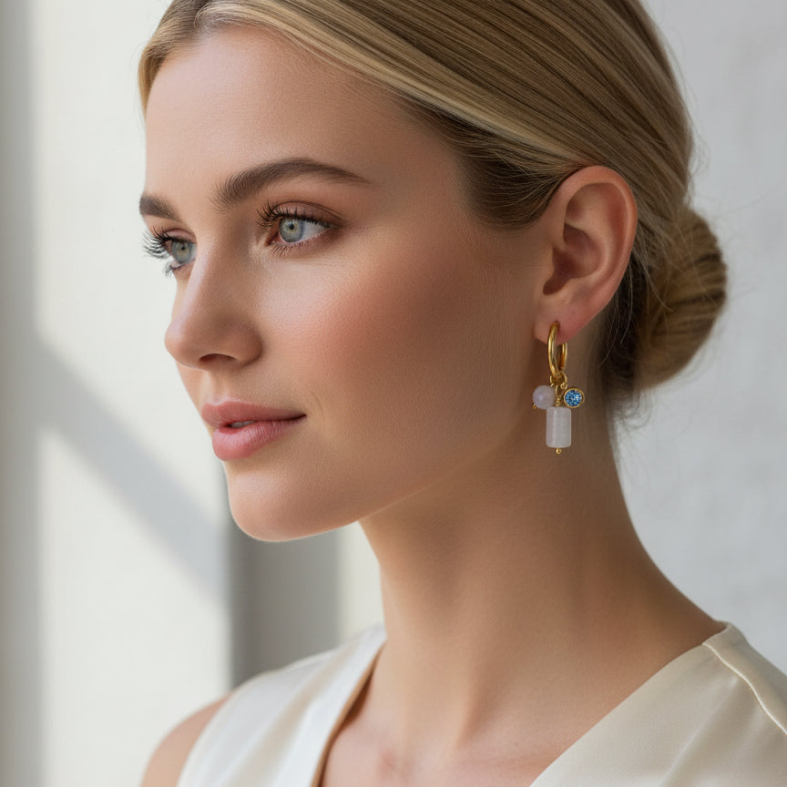 Gold Milky Quartz Crystal Hoop Earrings