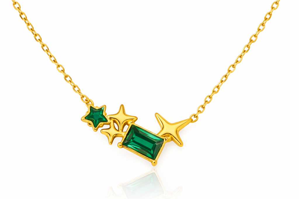 Pentagram Star & Rectangle Green Stone Pendant Necklace