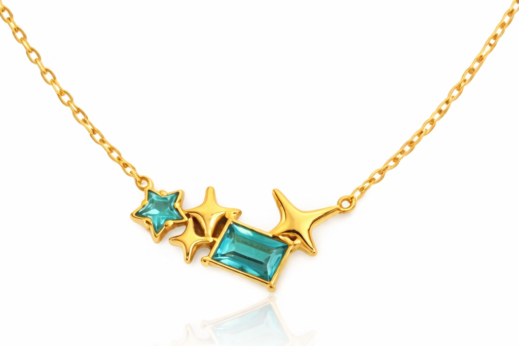 Pentagram Star & Rectangle Blue Stone Pendant Necklace