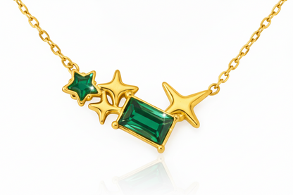 Pentagram Star & Rectangle Green Stone Pendant Necklace