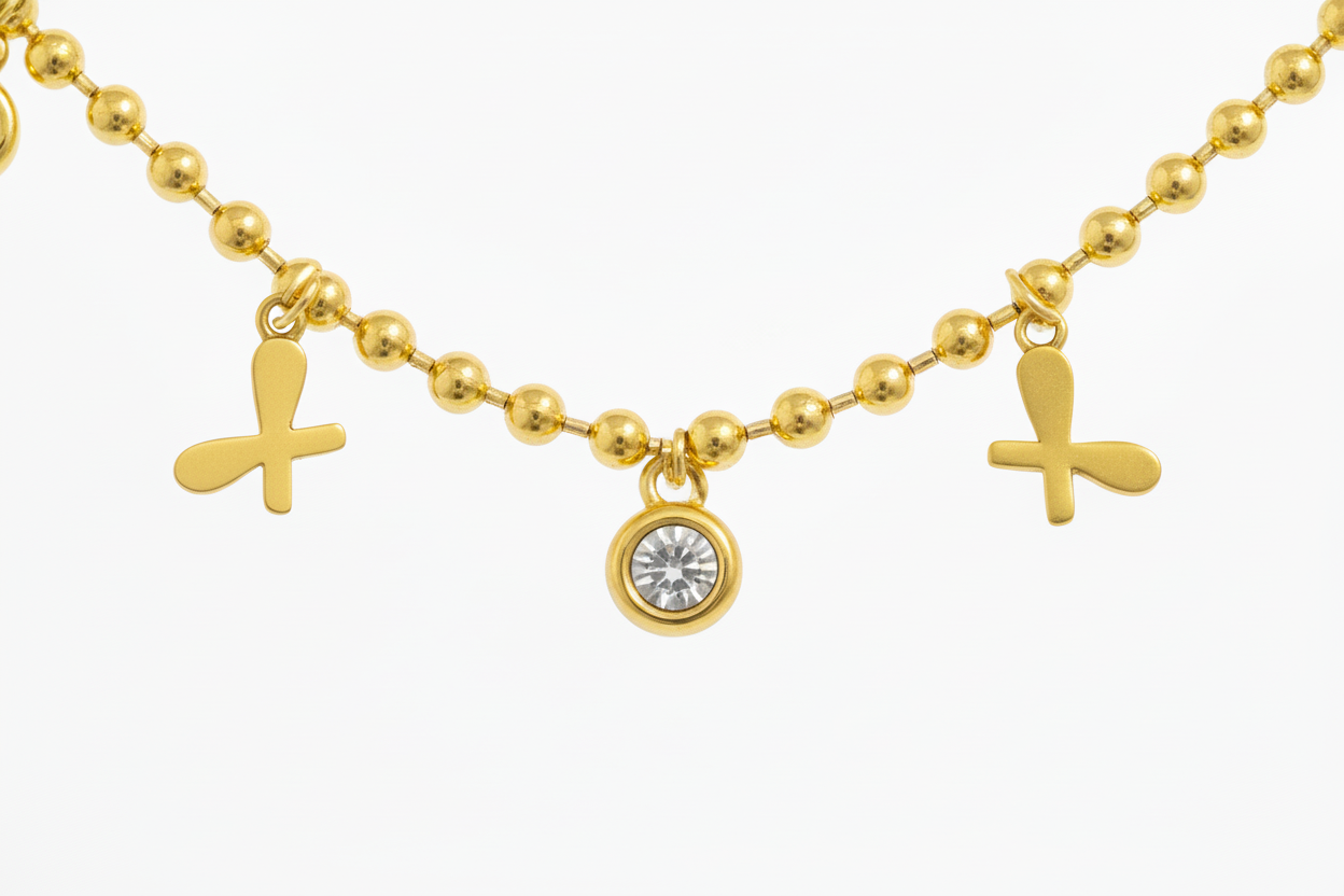 Beaded Butterfly & Zircon Charm Necklace