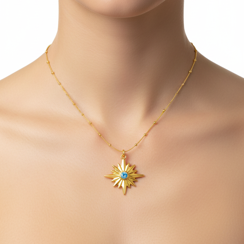 Celestial Starburst Blue Stone Gold Necklace