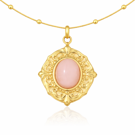 Gold Vintage Pink Chalcedony Medallion Necklace