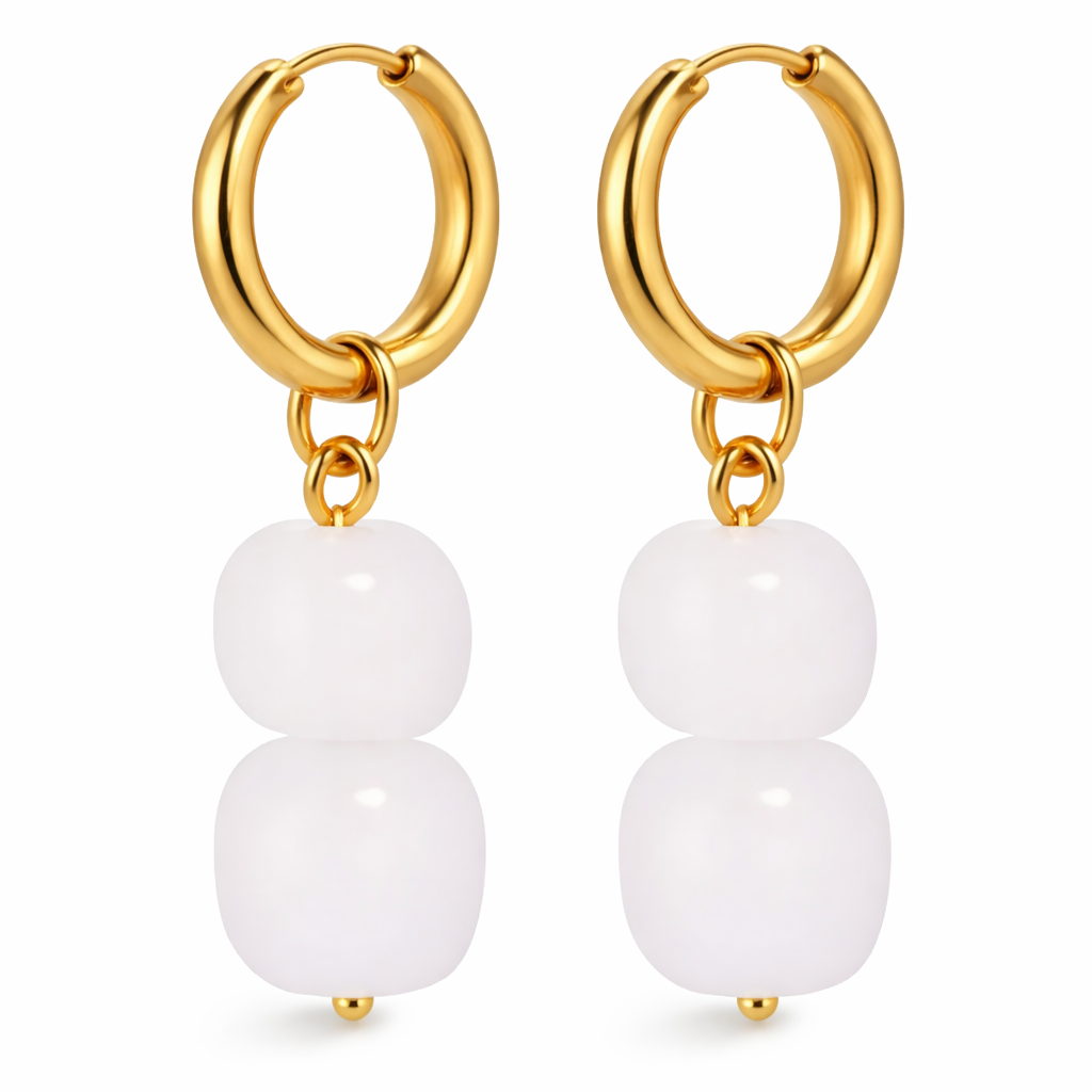 Milky Quartz Double Bead Huggie Earrings