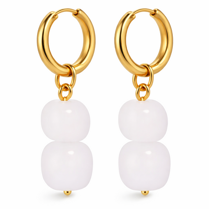 Milky Quartz Double Bead Huggie Earrings