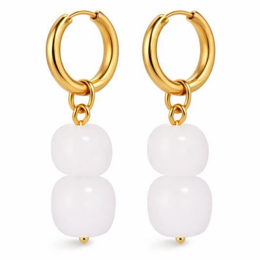 Milky Quartz Double Bead Huggie Earrings