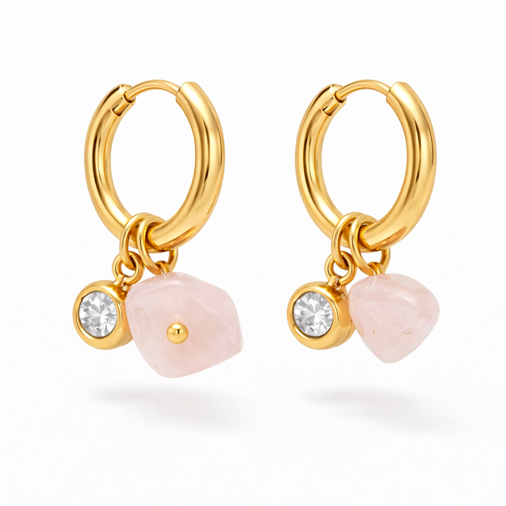 Gold Rose Quartz Charm Huggie Earrings