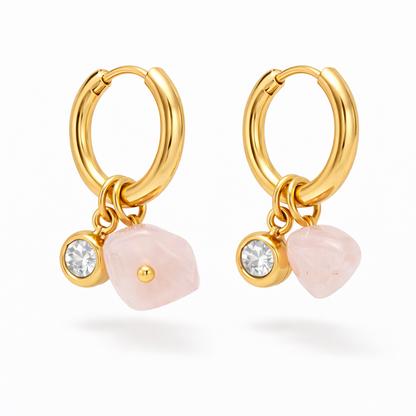 Gold Rose Quartz Charm Huggie Earrings