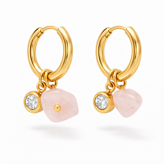 Gold Rose Quartz Charm Huggie Earrings