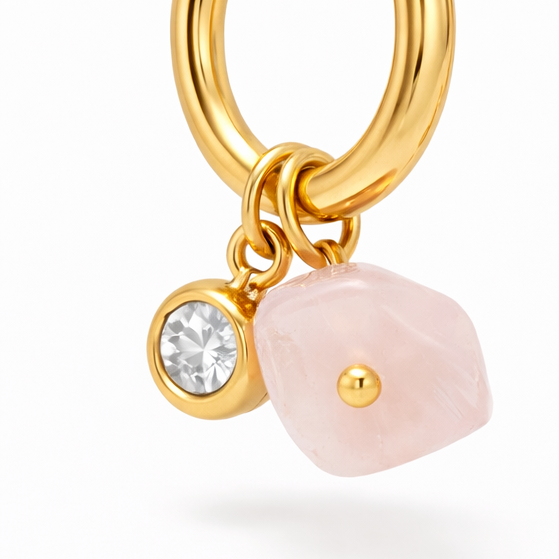 Gold Rose Quartz Charm Huggie Earrings
