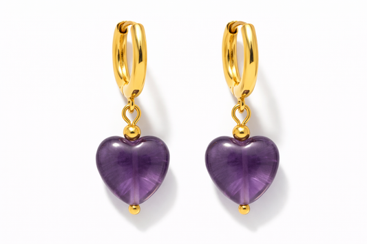Gold Amethyst Heart Hoop Earrings