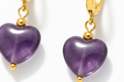 Gold Amethyst Heart Hoop Earrings