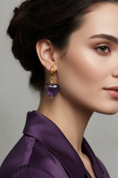 Gold Amethyst Heart Hoop Earrings