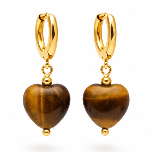 Gold Heart Hoop Earrings Tiger’s Eye