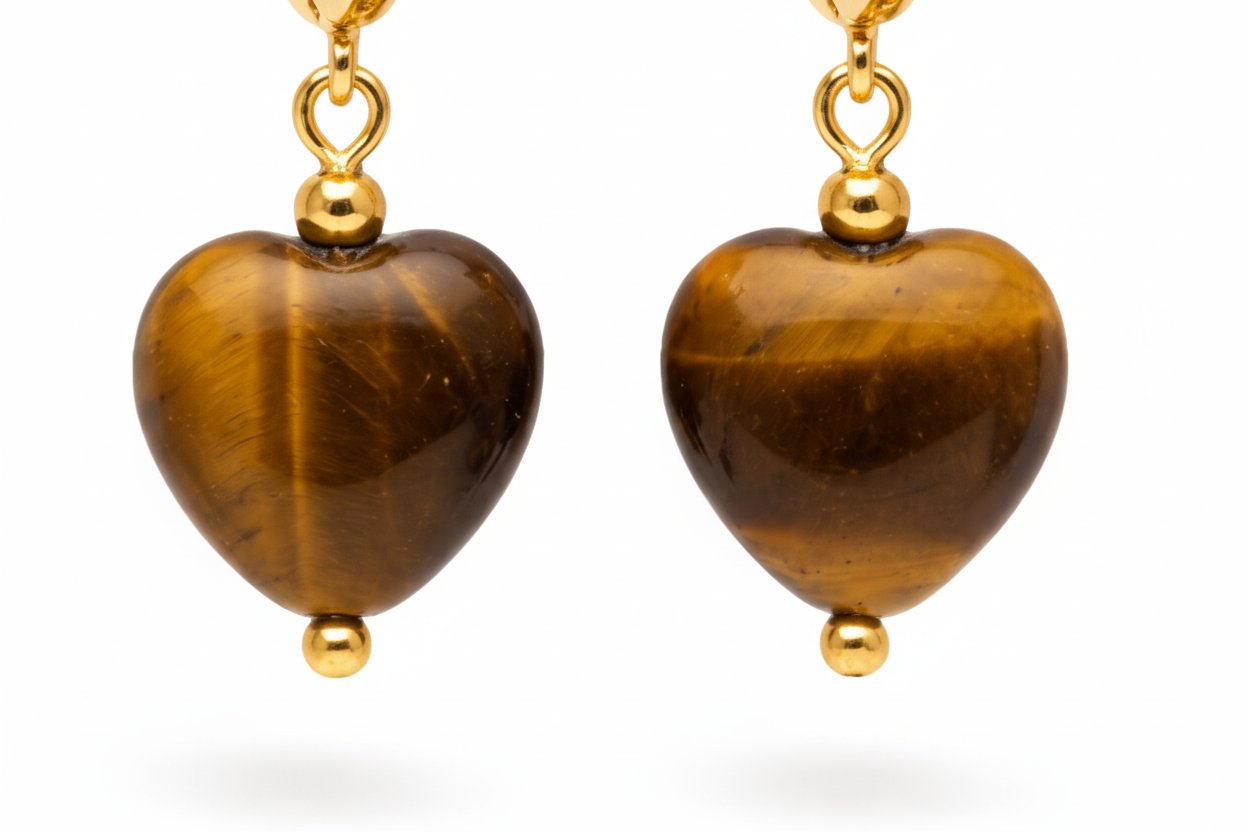 Gold Heart Hoop Earrings Tiger’s Eye