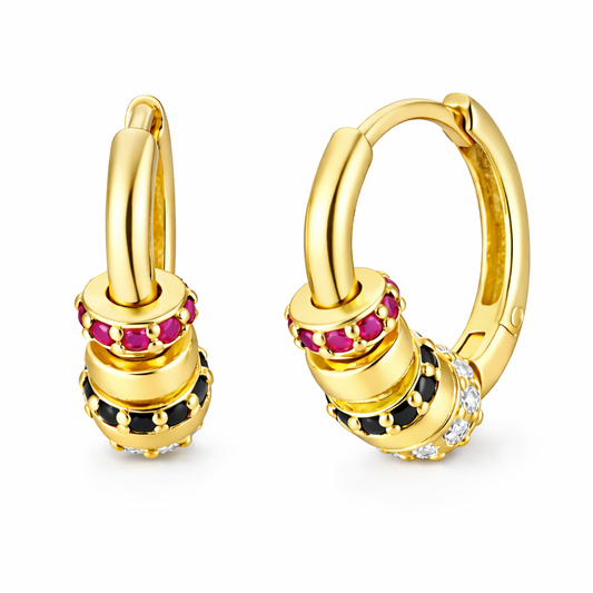 Gold Triple Charm Hoop Earrings