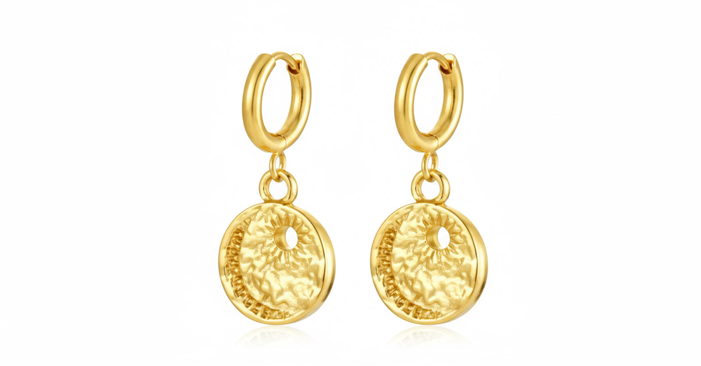 Gold Coin Charm Hoop Earrings