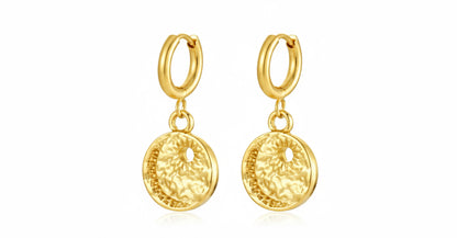 Gold Coin Charm Hoop Earrings