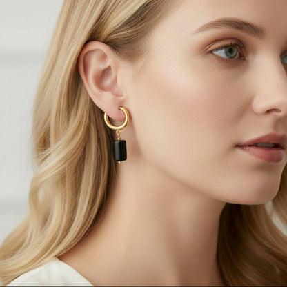 Gold Hoop Earrings with Obsidian Drop