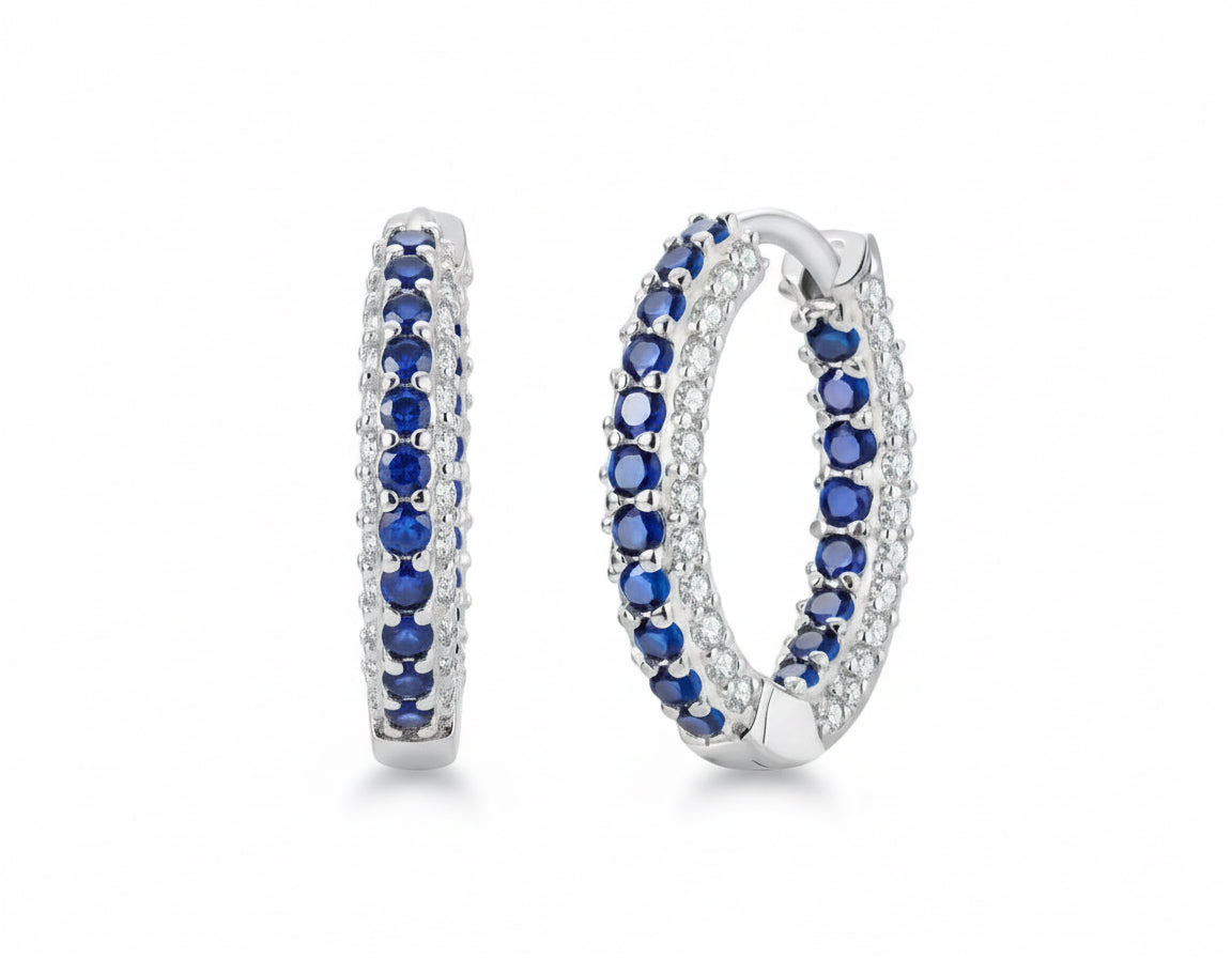 Silver Blue Cubic Zirconia Hoop Earrings