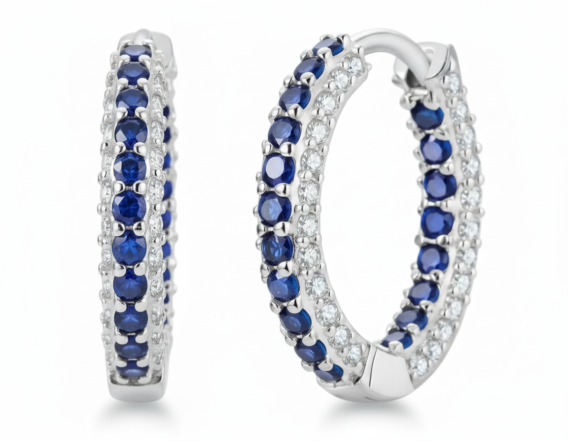 Silver Blue Cubic Zirconia Hoop Earrings
