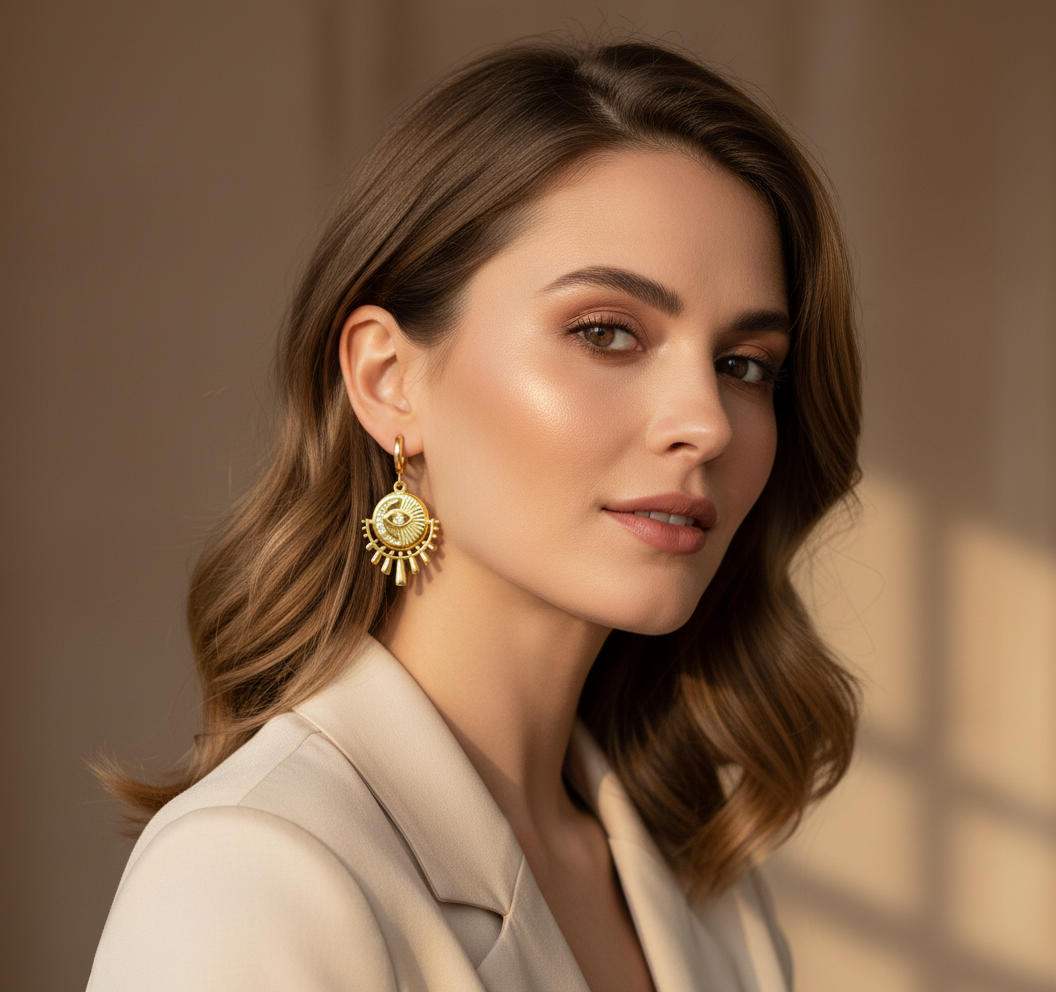 Gold Evil Eye Medallion Hoop Earrings
