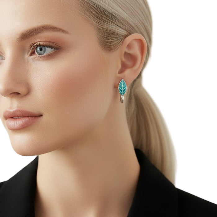Silver Green Leaf Hoop Earrings