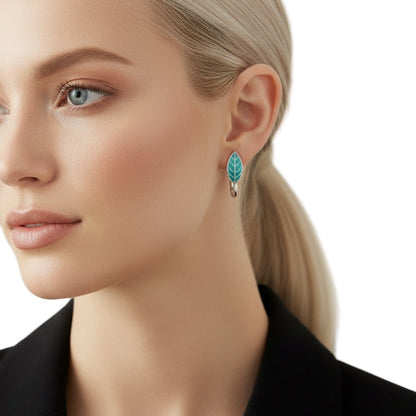Silver Green Leaf Hoop Earrings