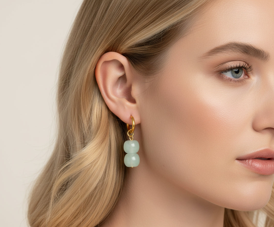 Jade Crystal Double Bead Drop Huggie Earrings