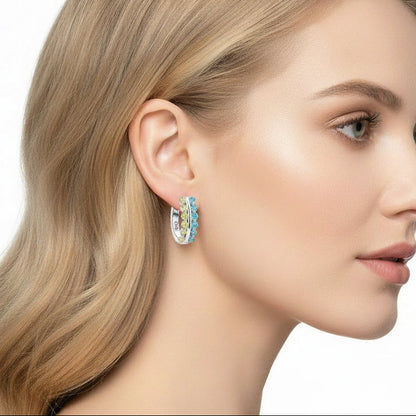 Silver Hoop Earrings Blue & Yellow Cubic Zirconia