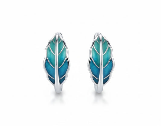 Silver Green Leaf Hoop Earrings