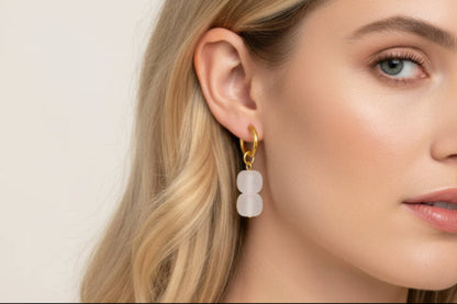 Milky Quartz Double Bead Huggie Earrings