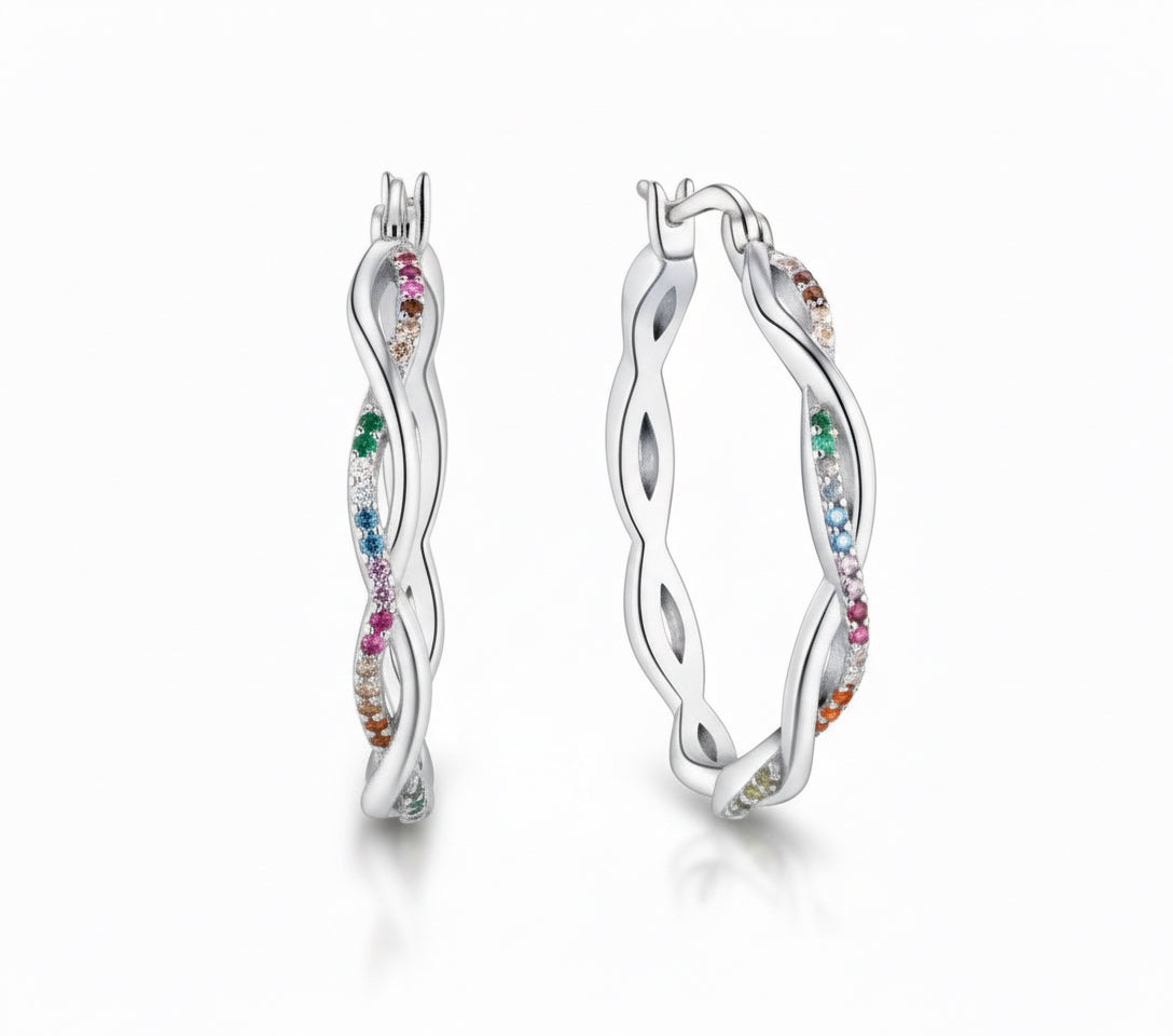 Twisted Hoop Earrings with Rainbow Stones