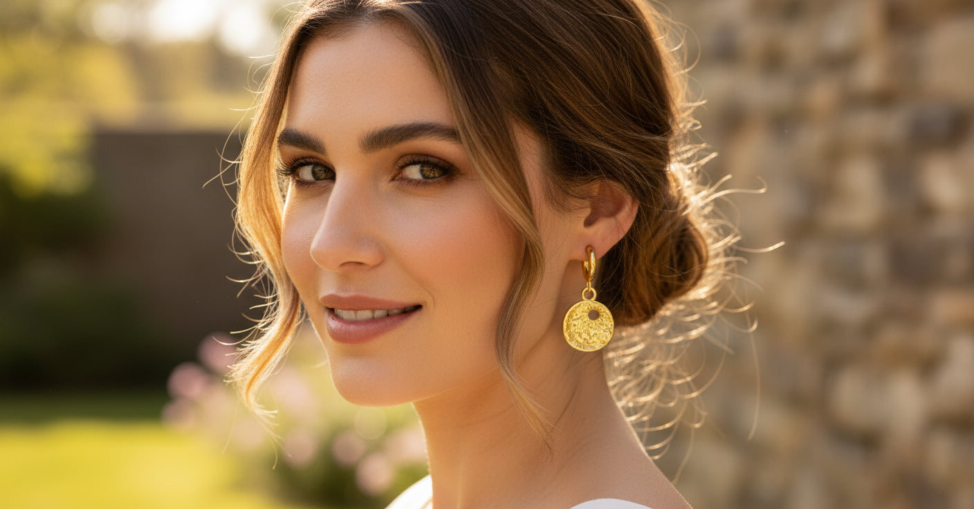Gold Coin Charm Hoop Earrings