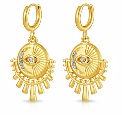 Gold Evil Eye Medallion Hoop Earrings